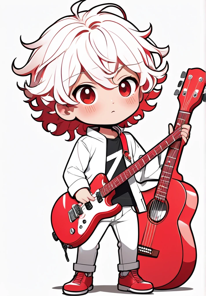 highres,best quality,natural, 
Illustrator without black main lines, black contour lines, or black line drawings, flat and monochrome illustration, coloring similar to overseas animation, chibi character, full-body illustration, deformed illustration, boy holding a guitar with white and light red as precious colors, flat illustration, simple, minimalism, white background, curly  haired, low fade