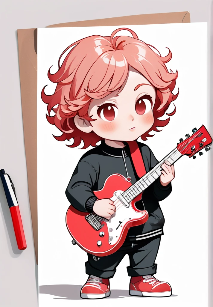 highres,best quality,natural,
Illustrator without black main lines, black contour lines, or black line drawings, flat and monochrome illustration, coloring similar to overseas animation, chibi character, full-body illustration, deformed illustration, boy holding a guitar with white and light red as precious colors, flat illustration, simple, minimalism, white background, curly haired, low fade