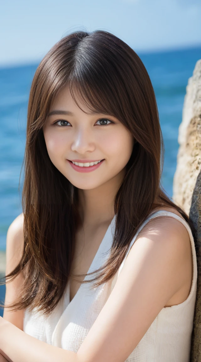 In detail, High resolution, high quality、Perfect dynamic composition, Beautiful attention to detail, Medium Hair, nature 、Natural color lip, (((Exposed outside)))、Cute Smile、Dazzling Sun、Clear Skin、Shiny Hair、Sea of Miyakojima、(((Hand Good)))