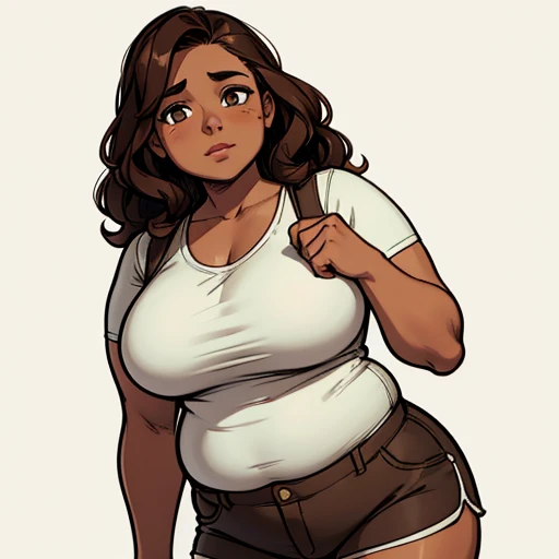 A girl who has honey-colored eyes and short, neck-length, wavy dark brown hair..... He has a somewhat chubby physique, brown skin.. round face, tender and kind features. Wear a shirt and shorts. Sketch. shading. Turning on. whole body.