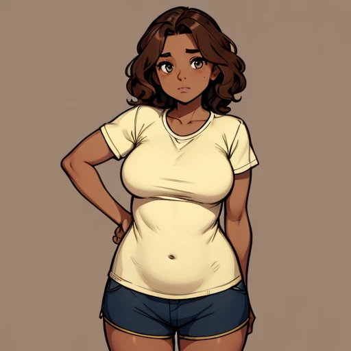A girl who has honey-colored eyes and short, neck-length, wavy dark brown hair..... He has a somewhat chubby physique, brown skin.. round face, tender and kind features. Wear a shirt and shorts. Sketch. shading. Turning on. whole body.