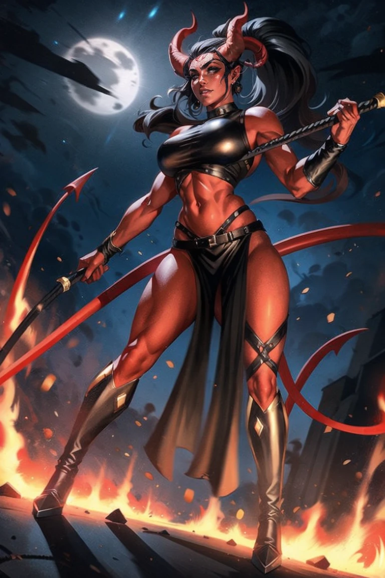 Red skin succubus tiefling, medium breasts, black horns, wings, huge tail, black leather, crop top, long flowing pelvic curtain, tall, toned, graceful, thin, long black ponytail. Action scene, whip. Dark scene, explosions, night sky.