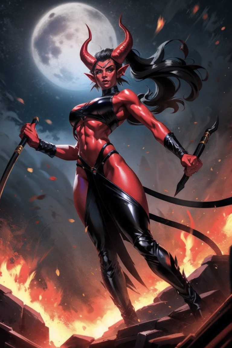 Red skin succubus tiefling, medium breasts, black horns, wings, huge tail, black leather, crop top, long flowing pelvic curtain, tall, toned, graceful, thin, long black ponytail. Action scene, whip. Dark scene, explosions, night sky.