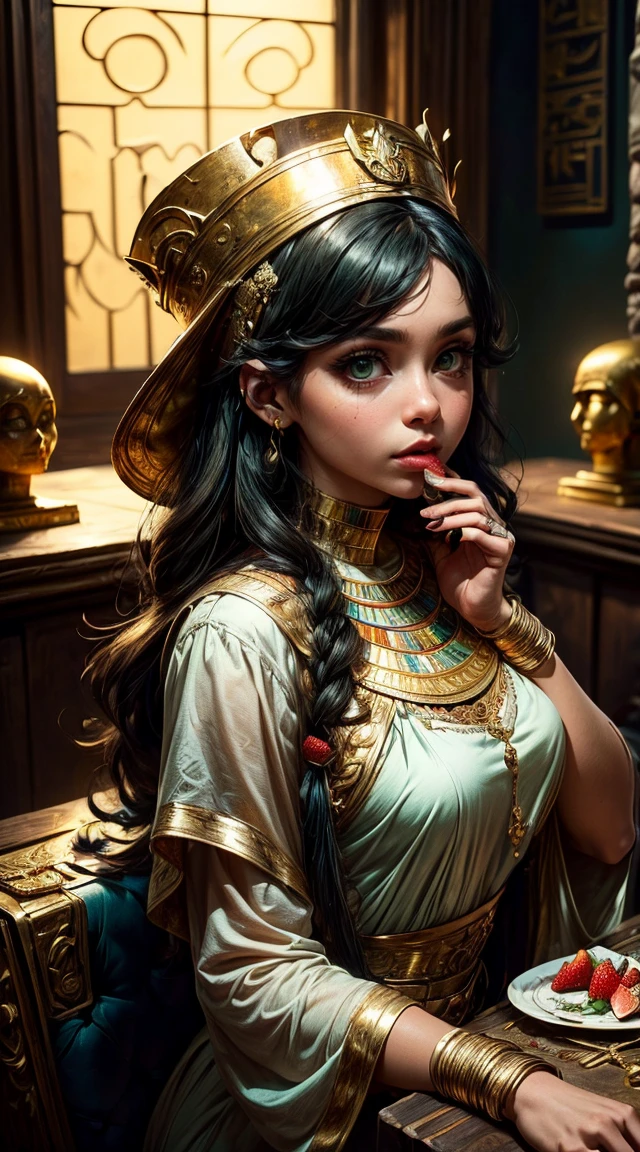 A captivating fullbody view, side view, of a cute 16 yo female black teen in (Brown skin, green eyes, wavy short black hair, dressed as mummy. Surprised, ((She wakes up in a decorated gold box) inside a Egyptian museum. A couple of undead priest are praising her as a queen. in epic fantasy style, not big headTia se muestra con una figura bastante esbelta.. ella tiene el pelo blanco grisáceo , ella tiene el pelo corto y grandes ojos de color verde pálido,Chica anime with a hat and strawberries on her head sitting at a table, tipo, anime visual de una linda chica, cute Chica anime, comiendo pasteles, young Chica anime, guweiz, estilo artístico anime de alta calidad, Chica anime, obra de arte al estilo de guweiz, beautiful Chica anime, pretty Chica anime, (Chica anime), obra de arte oficial, escote expuesto, pechos grandes, Calidad superior, muchos detalles, Enfoque Puri Nítido y realista