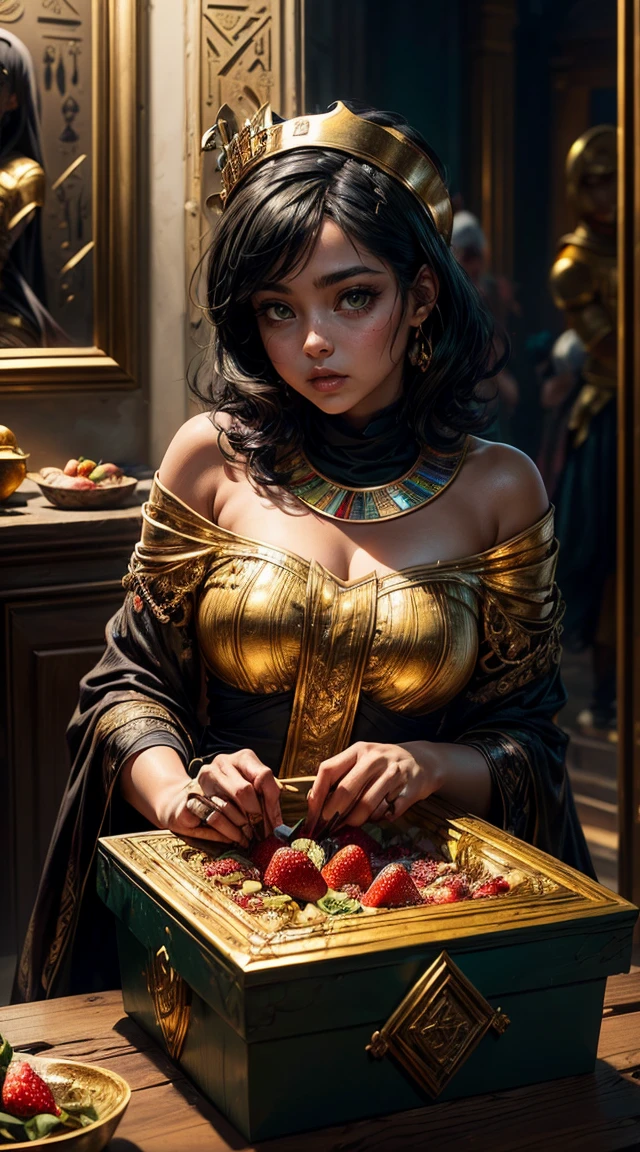 A captivating fullbody view, side view, of a cute female black teen Brown skin, green eyes, wavy short black hair, dressed as mummy. Surprised, ((She wakes up in a decorated gold box) inside a Egyptian museum. A couple of undead priest are praising her as a queen. in epic fantasy style, not big headTia se muestra con una figura bastante esbelta.. ella tiene el pelo blanco grisáceo , ella tiene el pelo corto y grandes ojos de color verde pálido,Chica anime with a hat and strawberries on her head sitting at a table, tipo, anime visual de una linda chica, cute Chica anime, comiendo pasteles, young Chica anime, guweiz, estilo artístico anime de alta calidad, Chica anime, obra de arte al estilo de guweiz, beautiful Chica anime, pretty Chica anime, (Chica anime), obra de arte oficial, escote expuesto, pechos grandes, Calidad superior, muchos detalles, Enfoque Puri Nítido y realista