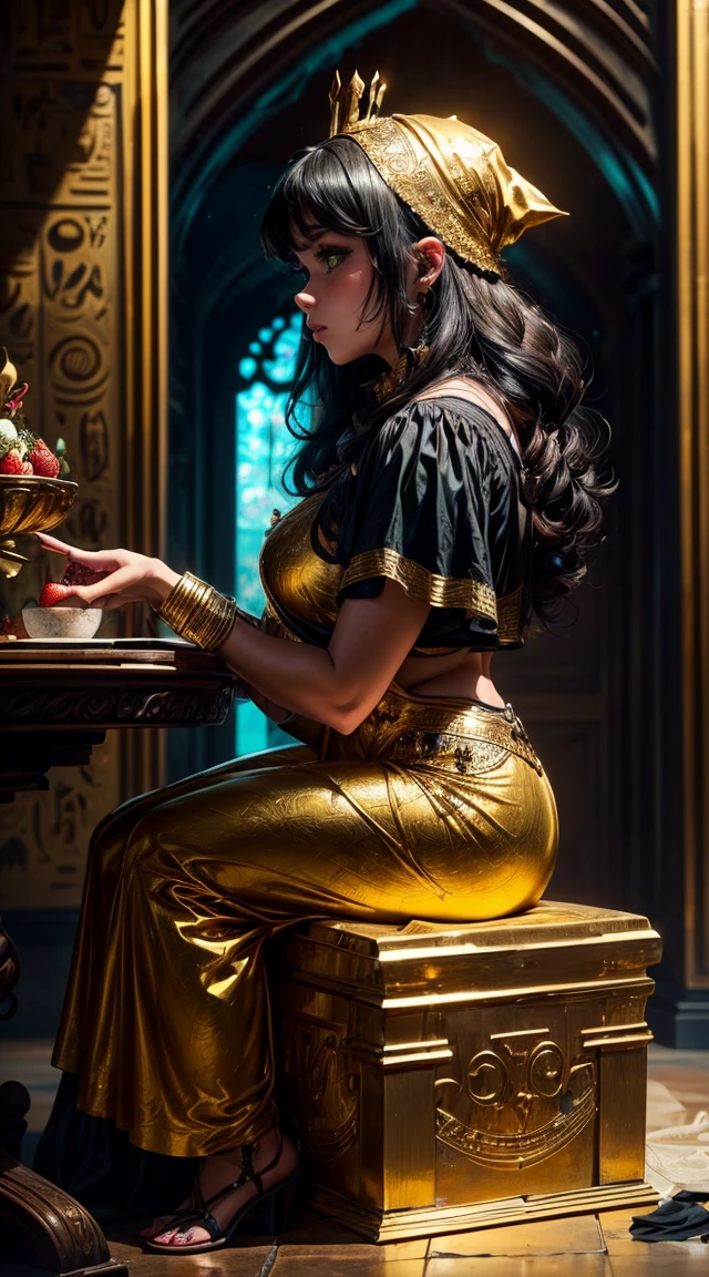 A captivating fullbody view, side view, of a cute 16 yo female black teen in (Brown skin, green eyes, wavy short black hair, dressed as mummy. Surprised, ((She wakes up in a decorated gold box) inside a Egyptian museum. A couple of undead priest are praising her as a queen. in epic fantasy style, not big headTia se muestra con una figura bastante esbelta.. ella tiene el pelo blanco grisáceo , ella tiene el pelo corto y grandes ojos de color verde pálido,Chica anime with a hat and strawberries on her head sitting at a table, tipo, anime visual de una linda chica, cute Chica anime, comiendo pasteles, young Chica anime, guweiz, estilo artístico anime de alta calidad, Chica anime, obra de arte al estilo de guweiz, beautiful Chica anime, pretty Chica anime, (Chica anime), obra de arte oficial, escote expuesto, pechos grandes, Calidad superior, muchos detalles, Enfoque Puri Nítido y realista