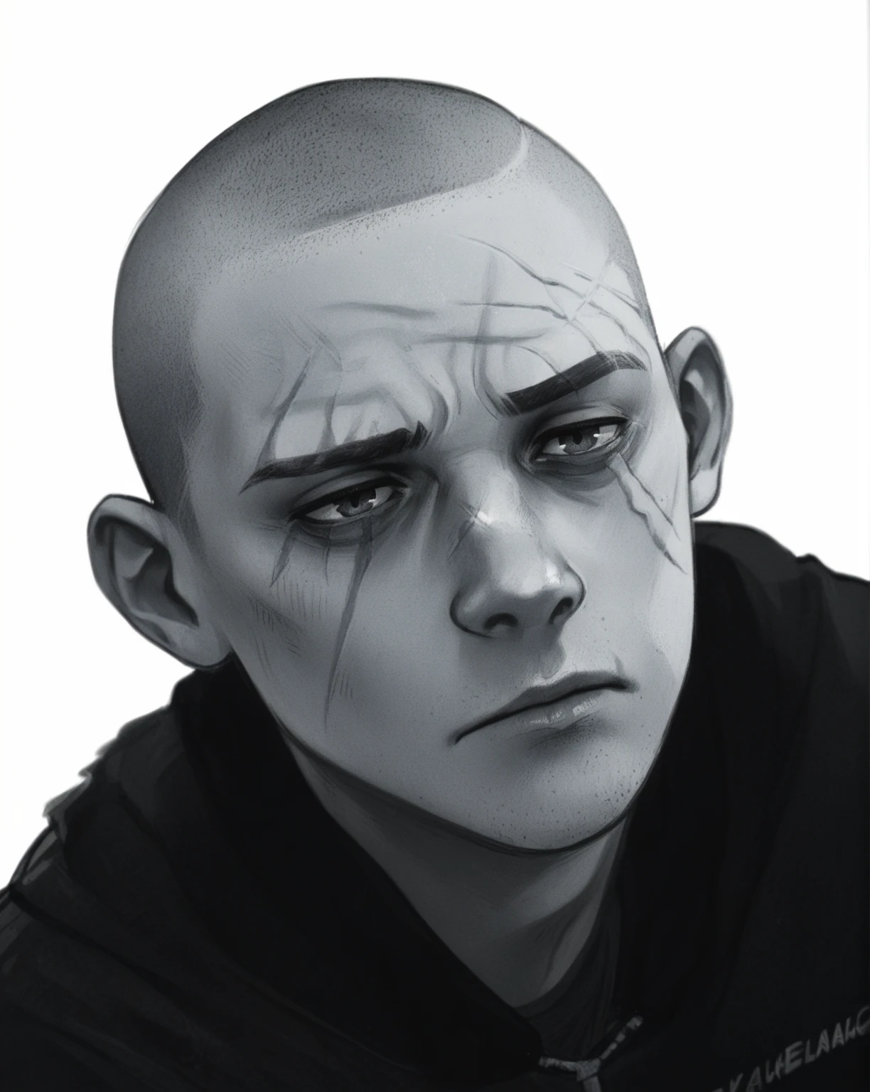 score_9, score_8_up, score_7_up, score_6_up, score_5_up, score_4_up, wh33z13, 1boy, skinny, ALL shaved head, tired face, big scar on an side of his face,
