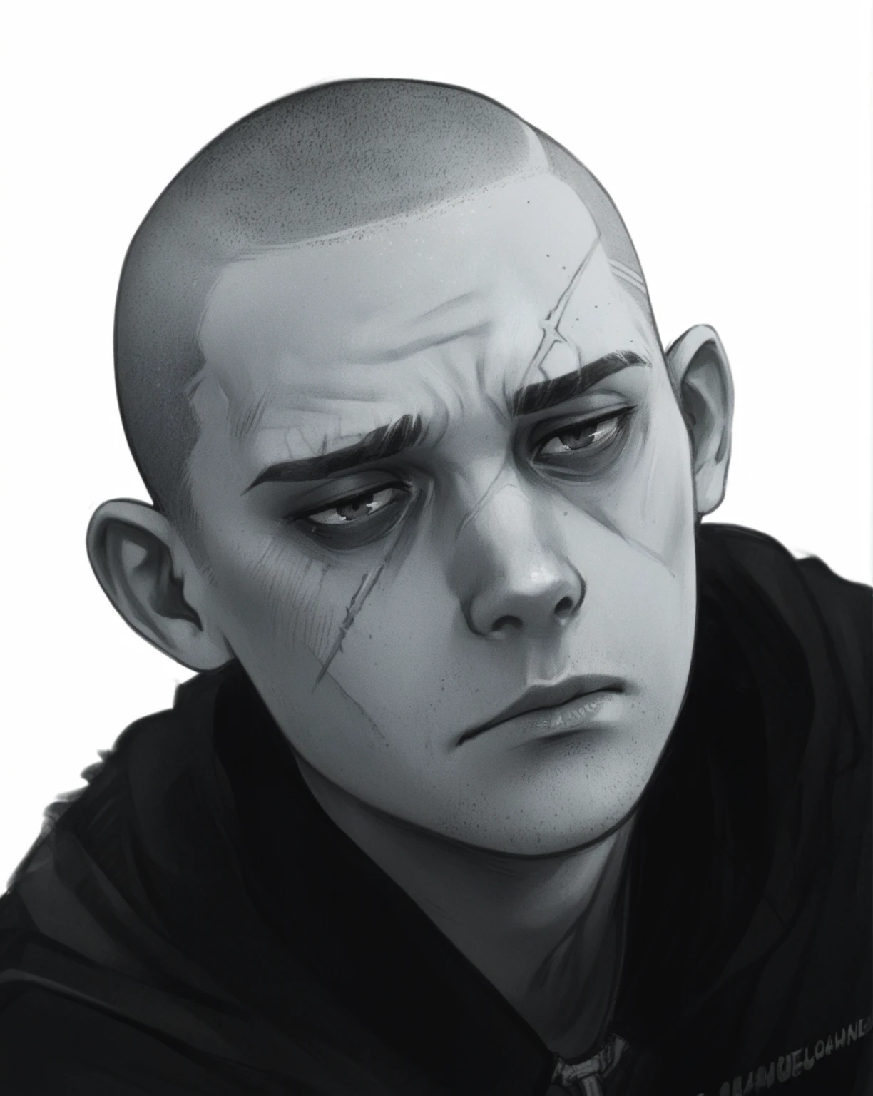 score_9, score_8_up, score_7_up, score_6_up, score_5_up, score_4_up, wh33z13, 1boy, skinny, ALL shaved head, tired face, big scar on an side of his face,