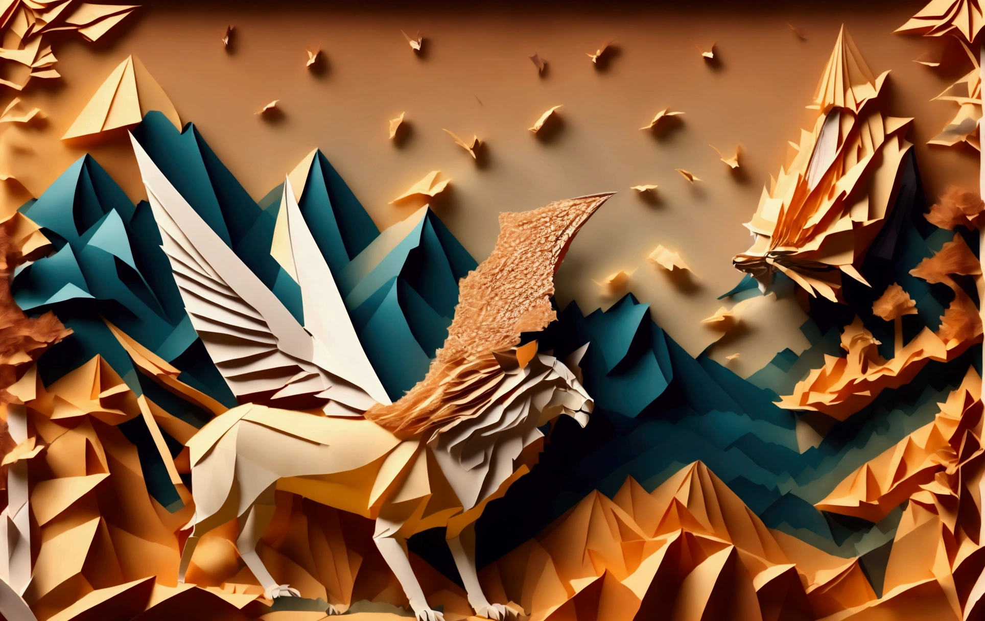 Majestic lion with expansive wings sprouting from its back, luxurious long mane flowing in the wind, perched atop a cliff overseeing a sprawling savanna embellished by the golden glow of a setting sun. Keywords: Origami-style, dramatic lighting, silhouette, ultra fine detail, hyperrealistic rendering, vivid colors.