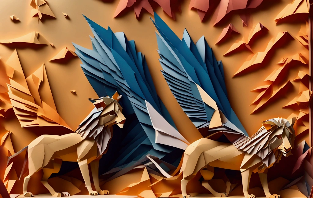 Majestic lion with expansive wings sprouting from its back, luxurious long mane flowing in the wind, perched atop a cliff overseeing a sprawling savanna embellished by the golden glow of a setting sun. Keywords: Origami-style, dramatic lighting, silhouette, ultra fine detail, hyperrealistic rendering, vivid colors.