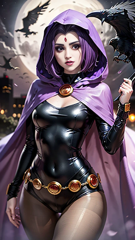 illustration of Raven from DC Comics,(Laura Marano), Raven, turtleneck, Black leotard, Black cape, hood, purple hair, forehead jeEmel, purple eyes, short hair, Belt, tight skin, standing, cleavage, toned, pose, night , moonlight, ((posing)), movement lines, torso, upper body, portrait, B&Em. contour, in anime tarot card art style, elegant, glamorous, reflection, shine, shading, pantyhose 40 dinier, small