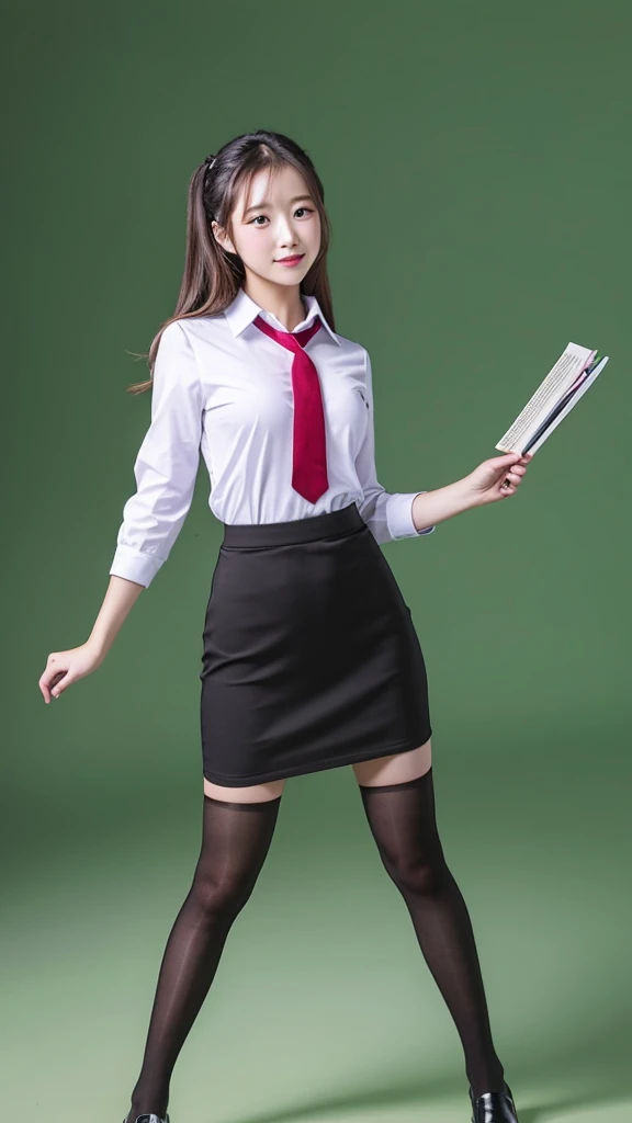 tight pencil skirt with long tie and long black stockings