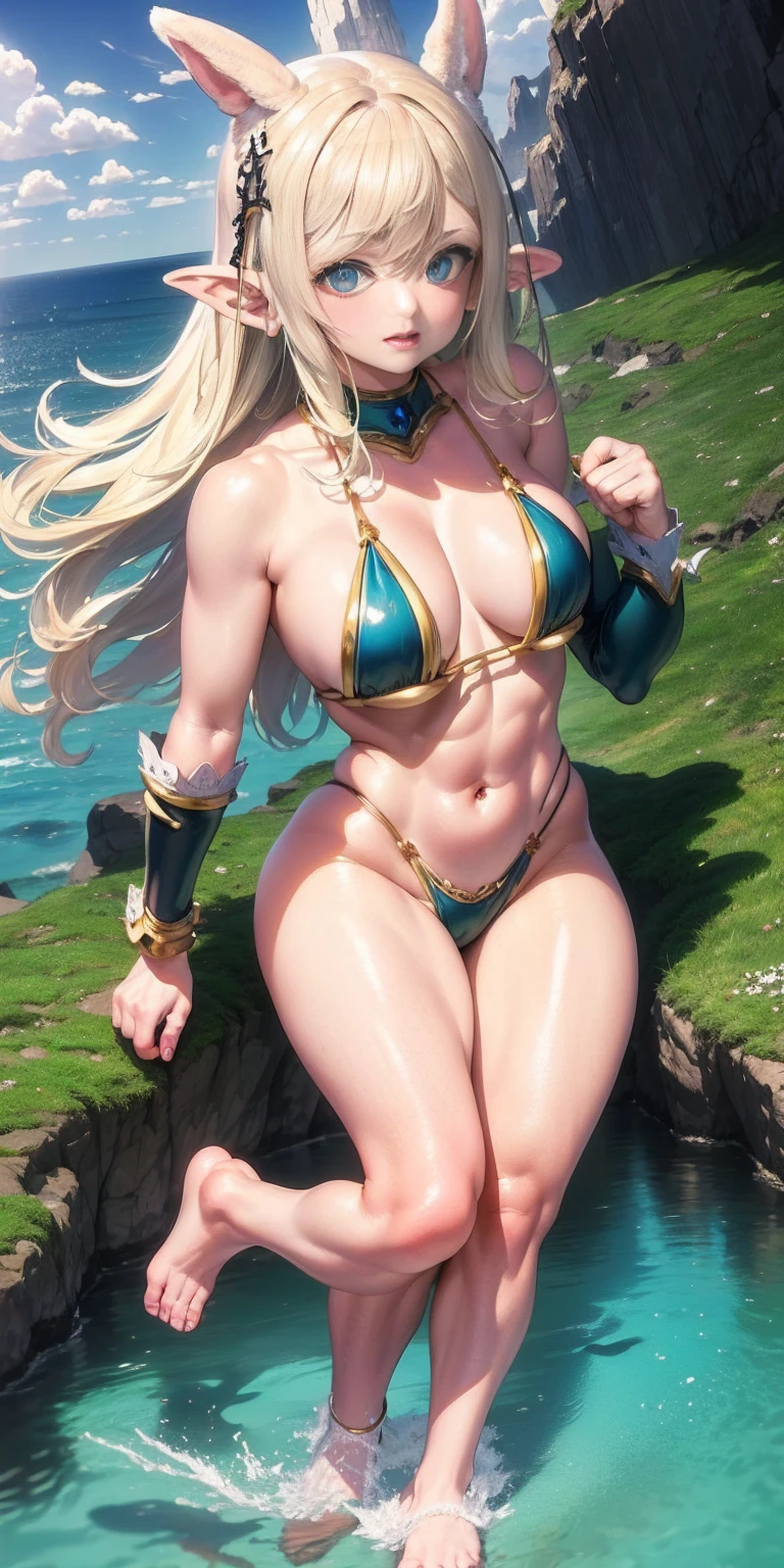 Extremely detailed Artgerm style: This sets the overall artistic style with a high level of detail. Fantasy art: This specifies the genre. Goddess of the sea: This defines the character's role and gives context to the setting. Woman with long, elf ears: This incorporates the elf features. Black skin: This specifies the character's race. Ornate bikini armor: This combines the skimpy clothing with a fantastical, protective element. Blue hues: This suggests the color of the bikini and potentially the water body. Long, messy blonde hair: This adds a detail that contrasts the Artgerm style, which is typically more polished for hair.