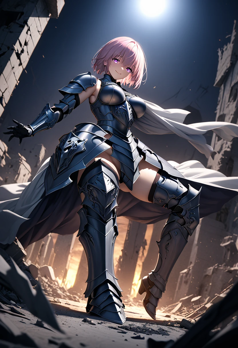 (masterpiece, top quality, best quality, beautiful and aesthetic:1.2), full body, SFW, extremely detailed, detailed eyes, detailed hands, cinematic light, depth of field, 1girl, seducing smile, solo, official, (full armored knight:1.4), dark armor, knight helmet, mash kyrielight, slim body, cinematic lighting, dramatic lighting, dramatic atmosphere, hyper-realistic, high resolution, stunning contrast, high quality, best quality, 8k, 4k, intricately detailed, (amazing details:1.2), highly detailed skin, powerful presence, vibrant colors, (detailed eyes:1.2), striking eyes, (detailed background), (warzone on background, night, ruins), (dynamic angle:1.2), (dynamic pose:1.2)