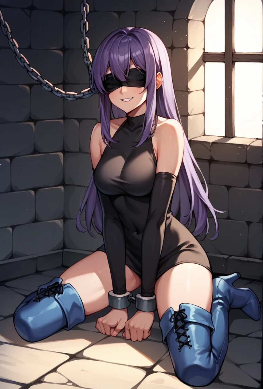 score_9, score_8_up, score_7_up, score_6_up, score_5_up, score_4_up, source_anime, 1 woman, Kneel down, purple hair, long hair, blindfold, smile, Licking boots, w-w-chain, shackles, Went down arms, clean hair, black shirt, short,  blue boots, thigh high boots, heels, cell, dungeon, , best quality, best res, 4K UHD,
 