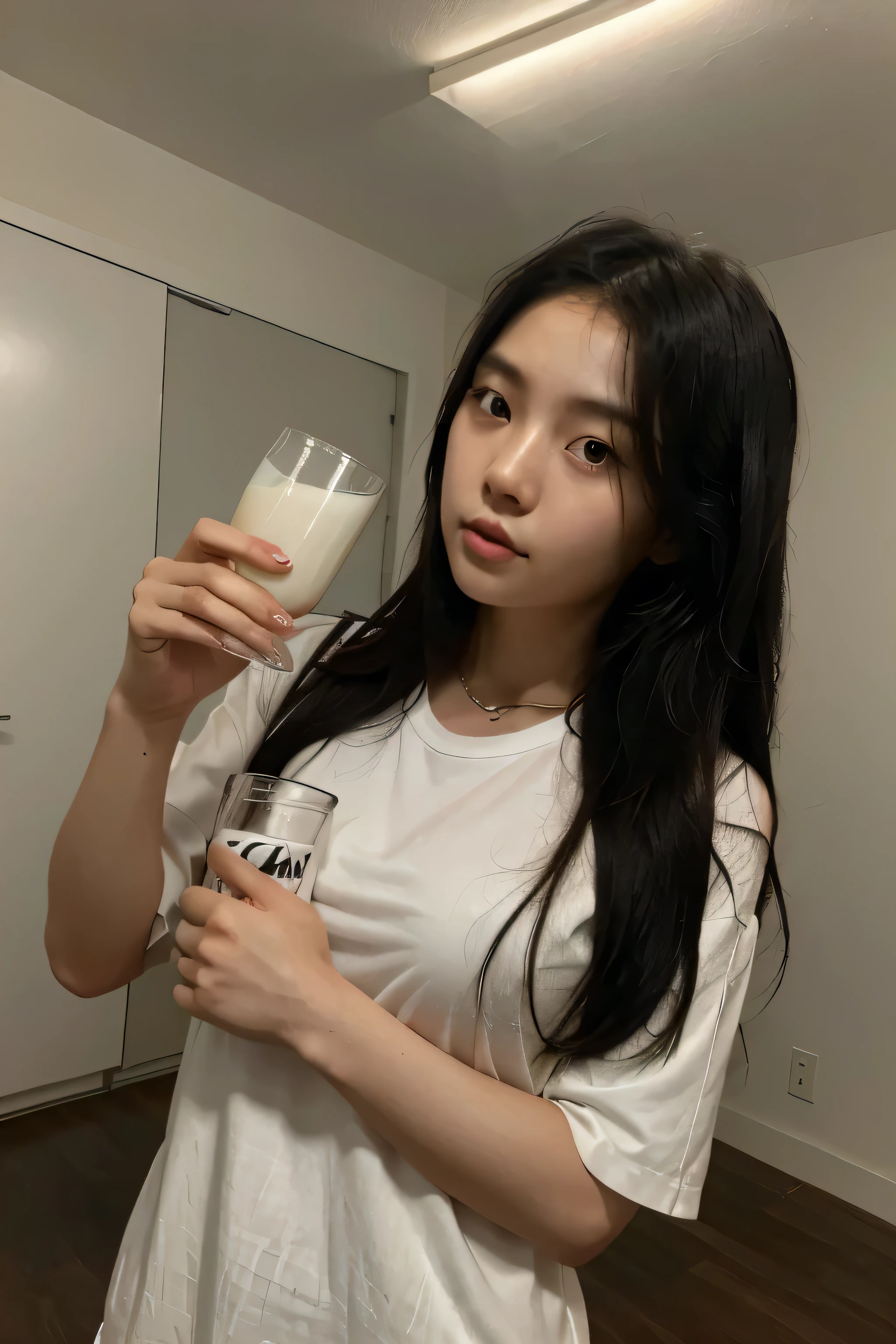 A realistic image of a Korean girl holding a glass of milk. She has long, straight black hair. She is alone in the room, which is dark and without light.with modern clothes of a sexy girl. she is hoding the cup of milk. .with modern clothes of a sexy girl. with black jacket.