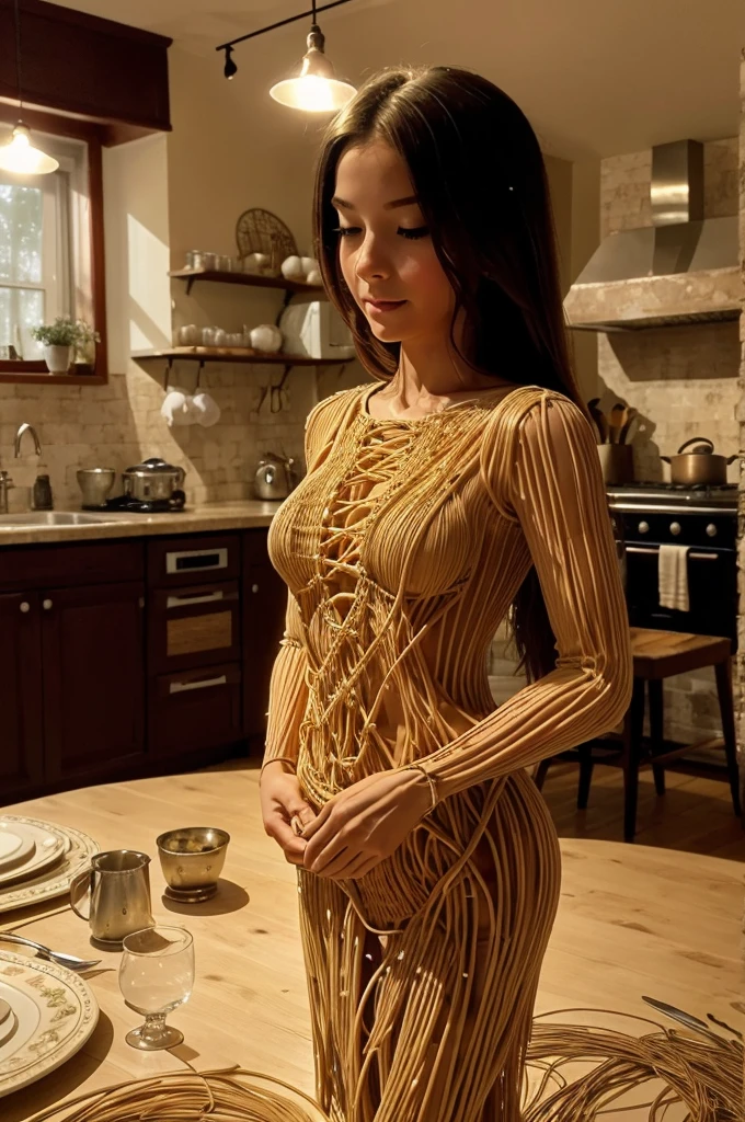 Create a whimsical and
artistic scene featuring a
single human-like figure
made entirely of spaghetti.
This figure should appear to
be dancing gracefuly on a
plate. The background
should depict a cozy kitchen
setting with warm, ambient
lighting, creating a romantic
and intimate atmosphere.
Include elements such as a
glass of red wine and a
beautifully set table to
enhance the mood.


