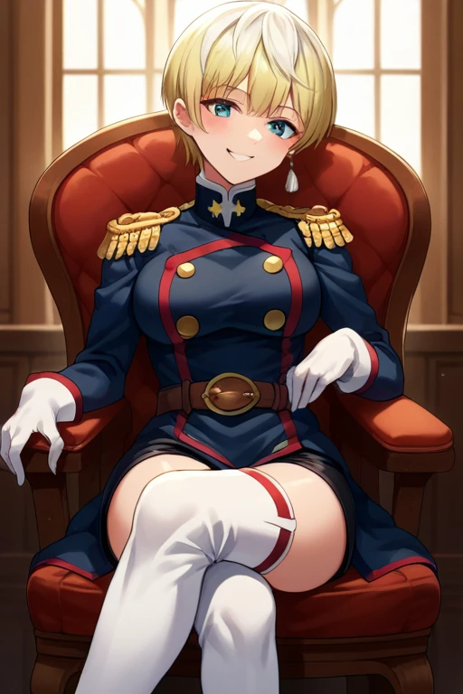 score_9, score_8_up, source_anime, 1girl, solo, IzumoTenka, short hair, single earring, military uniform, black coat, epaulettes, buttons, white gloves, brown belt, black shorts, thigh boots, smile, blush, indoors, on chair, sitting, crossed legs, 