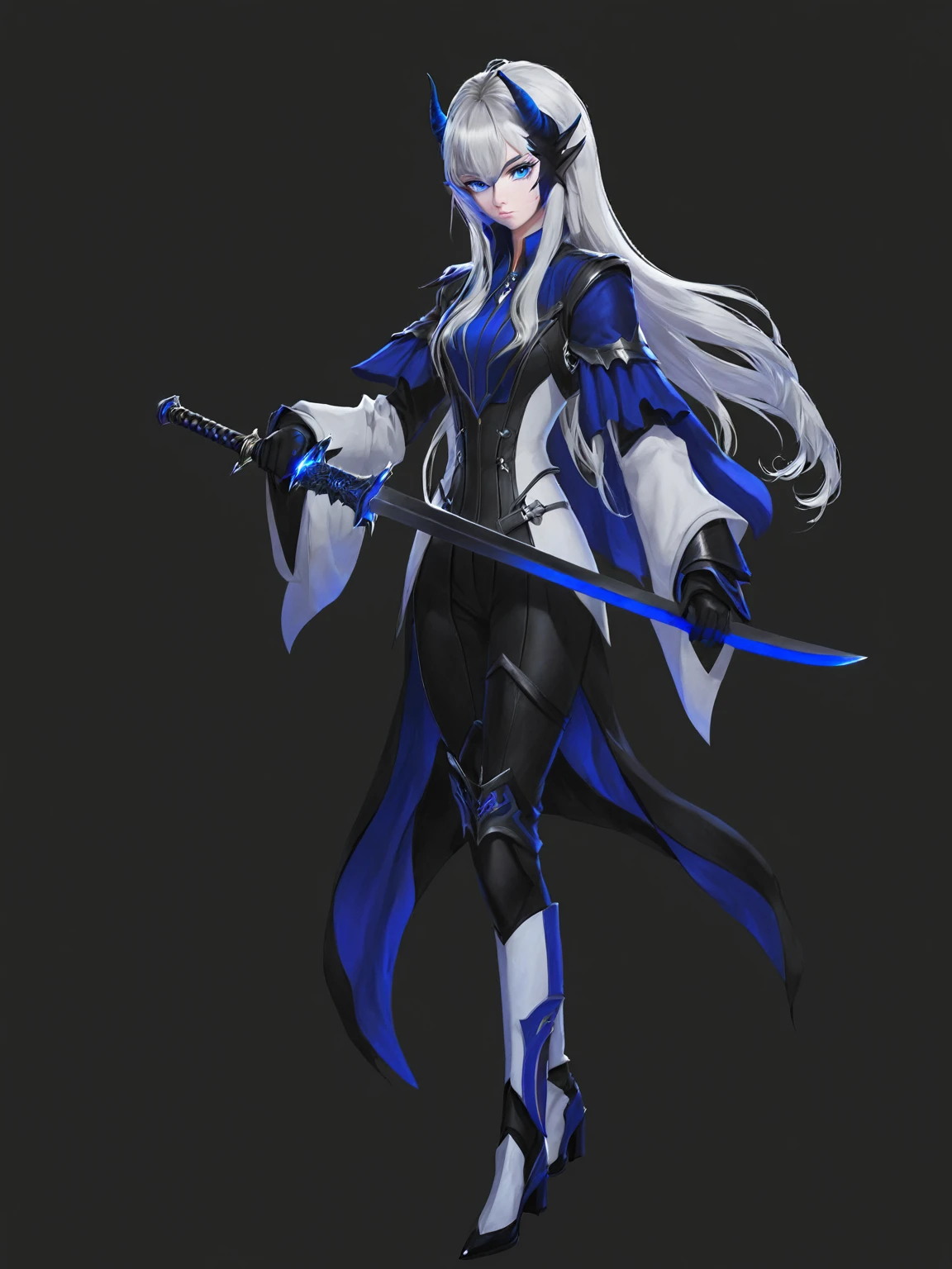 girl in black and white suit holding a sword, long white hair, blue eyes, black horns, serious look