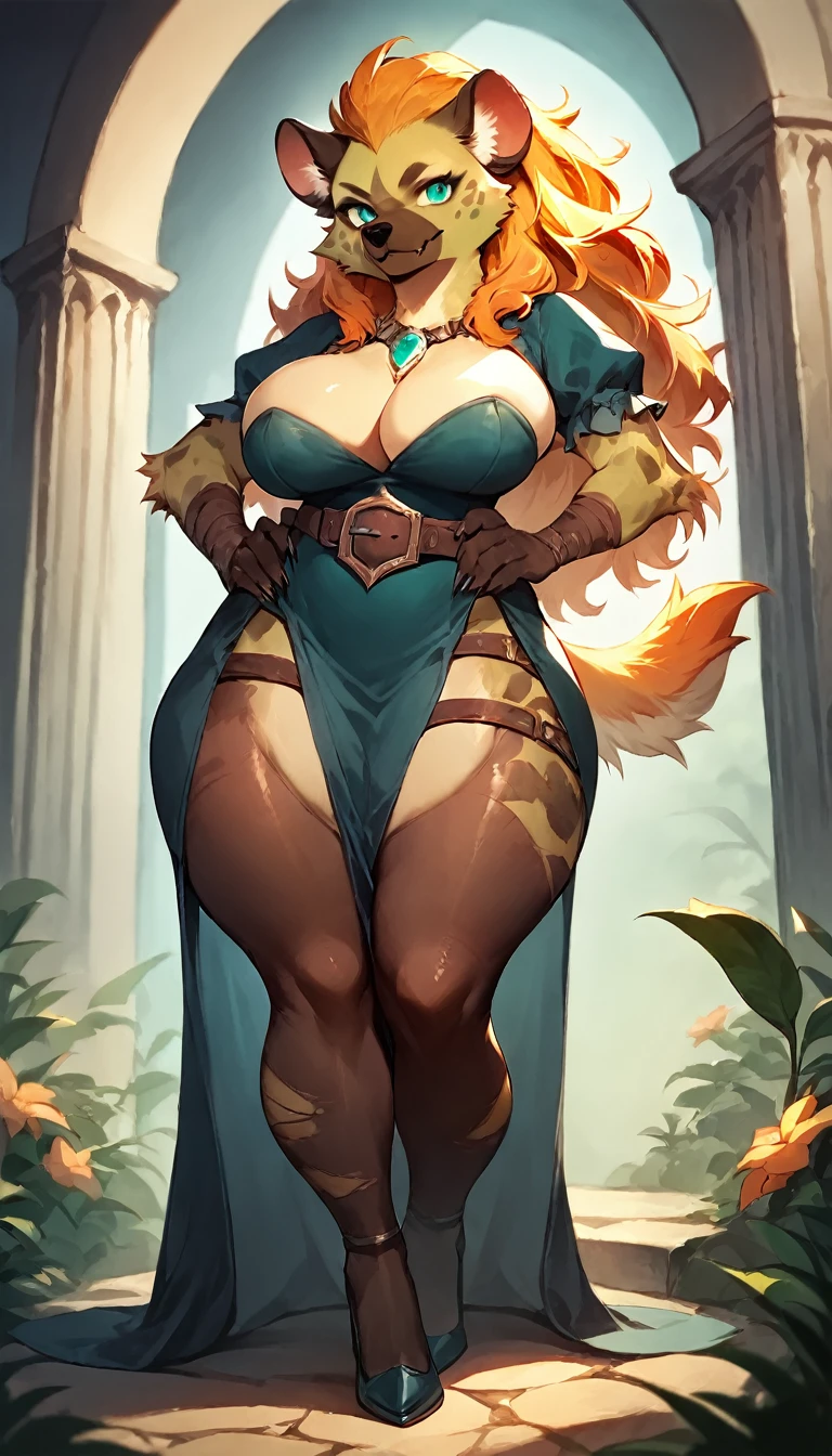 score_9, score_8_up, score_7_up, score_6_up, score_5_up, score_4_up, (solo), female anthro hyena, witch clothes, dress, lusty, fluffy body, long blond hair, turquoise eyes, (thick thighs:1.5) (barely_visible_booba) (she is standing) , giant breasts, gater belt tights, high heels