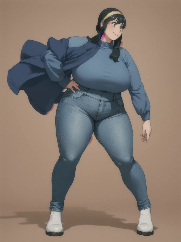 Hands on hips, Stand up straight, ((Full body)), (low head 1.5), A little chubby body type and small breasts, masterpiece, tight denim pants, chubby but small breasts, thick legs++, Full body+, Solo, Swollen face, 1 woman, wide shoulder, (long sleeve tutleneck 1.5,) tight turtle neck, light blue Denim pants, thick thighs, low rise light blue denim pants, solo, simple background, masterpiece, best quality, black hair, A chubby figure that seems real, smile, Headband