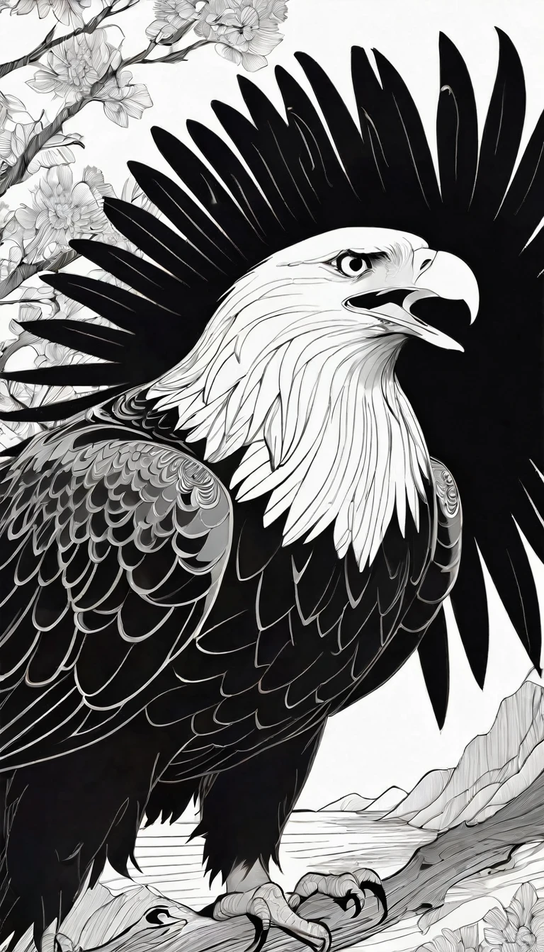 intricate and detailed black and white bald eagle line art on white paper, artwork