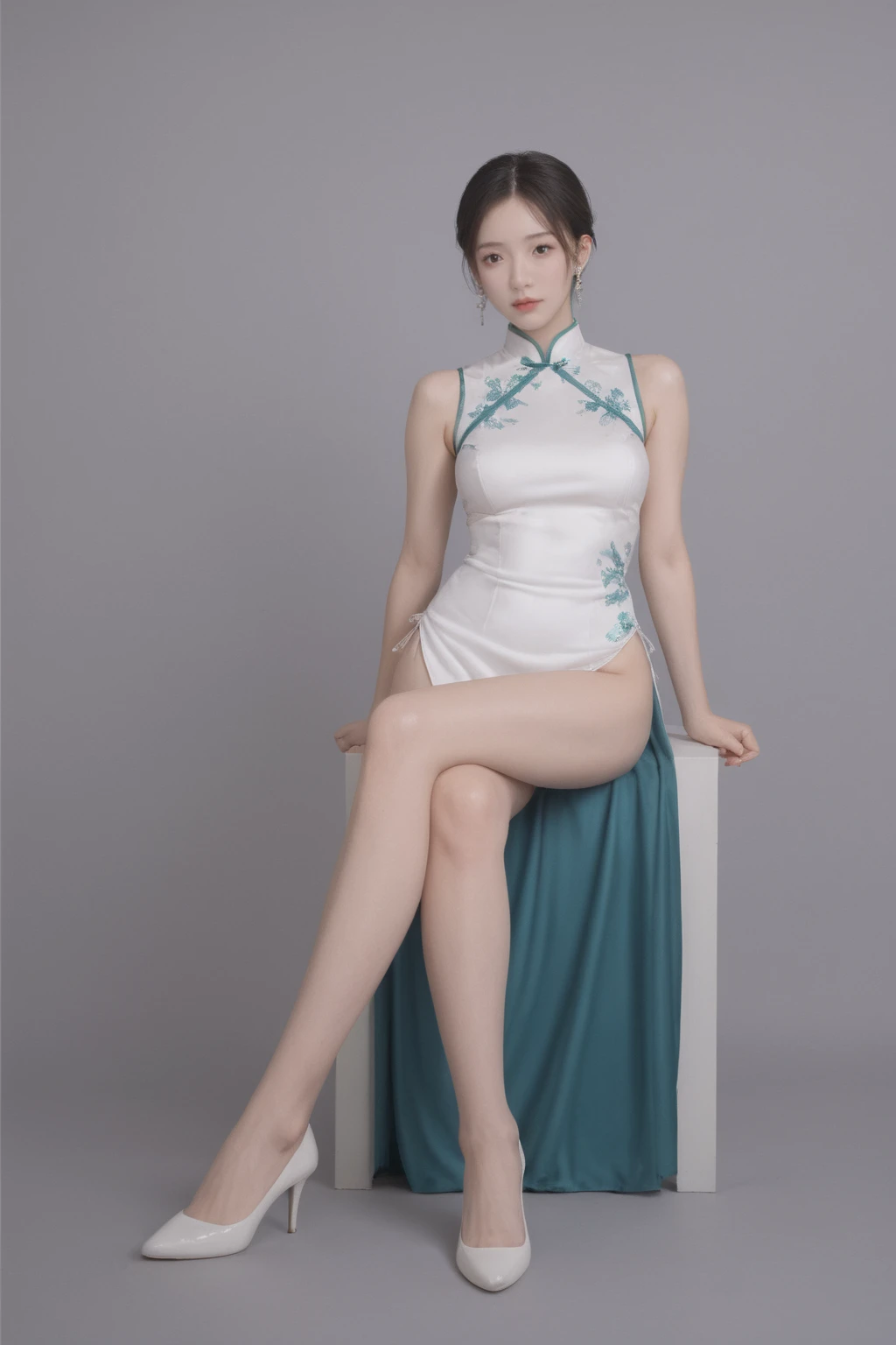 realistic,score_9, score_8_up, score_7_up, japanese adult woman,full body photography, elegant white sleeveless cheongsam dress, sitting, crossed legs, high heels