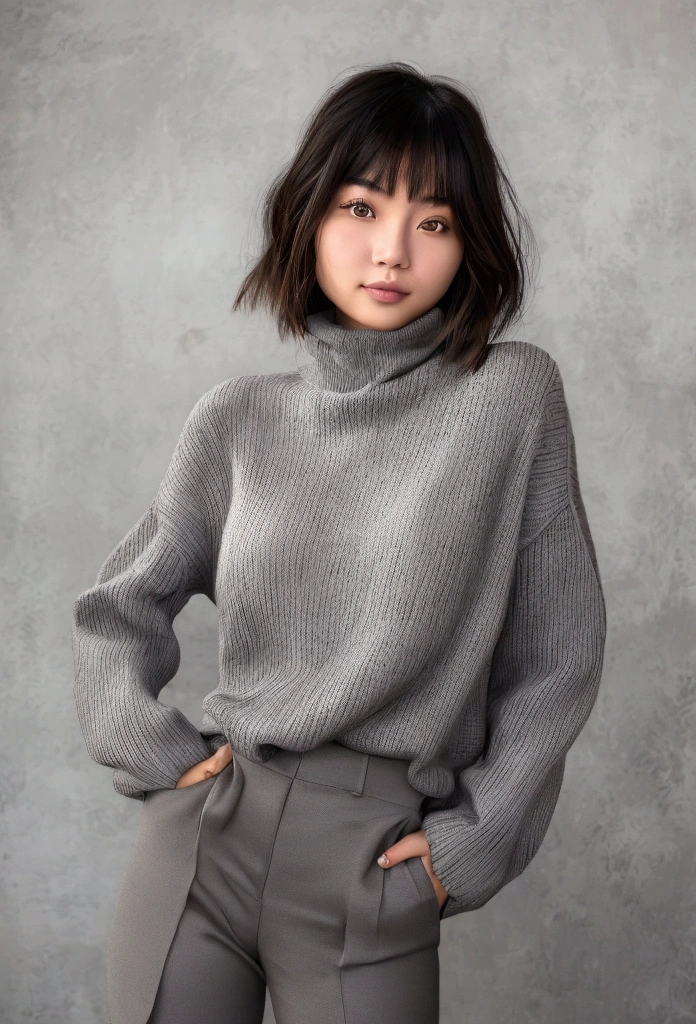 Beautiful American Chinese girl, with short bangs, long hair, 19 years, barely smiles, dull look; Loose dark gray turtleneck sweater; light gray trousers are made in a minimalist style; 8K, Super Detail, Best quality, uhd, high detail, very detailed, masterpiece, ultra high definition
