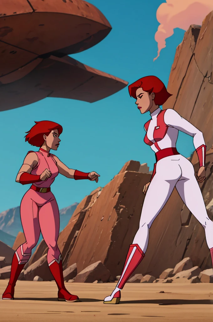 champions online. a red haired Asian female superhero. short hair, pale skin. she wears a white jumpsuit with (pink lines), knee highboots. she carries a high tech assault rifle. show her in a fire fight against a group of soldiers, Arizona desert background. side view
