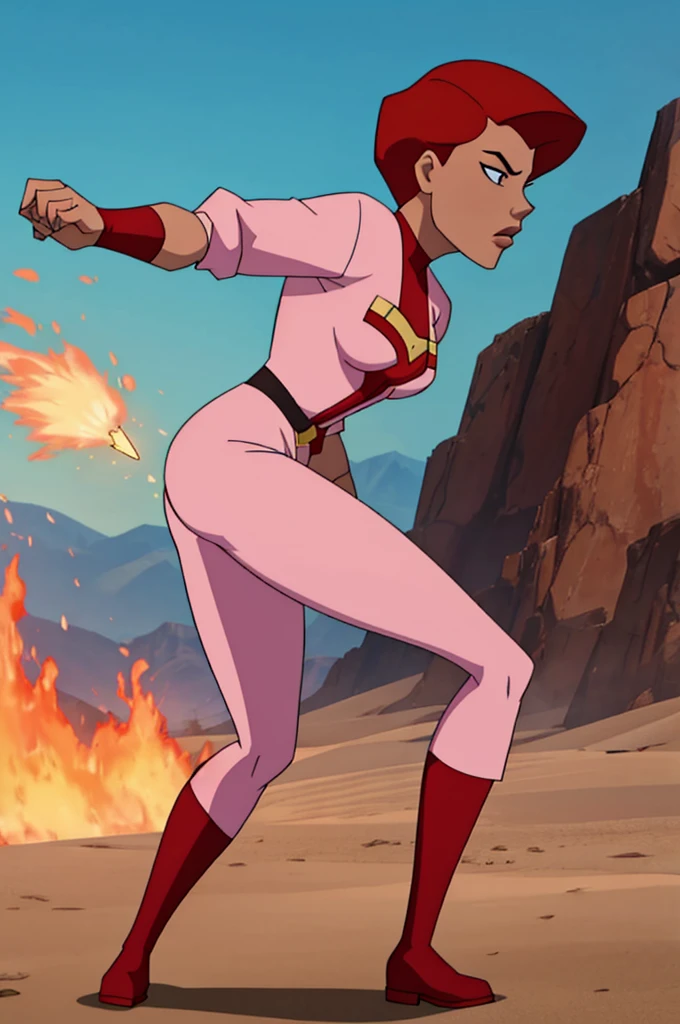 champions online. a red haired Asian female superhero. short hair, pale skin. she wears a white jumpsuit with (pink lines), knee highboots. she carries a high tech assault rifle. show her in a fire fight against a group of soldiers, Arizona desert background. side view
