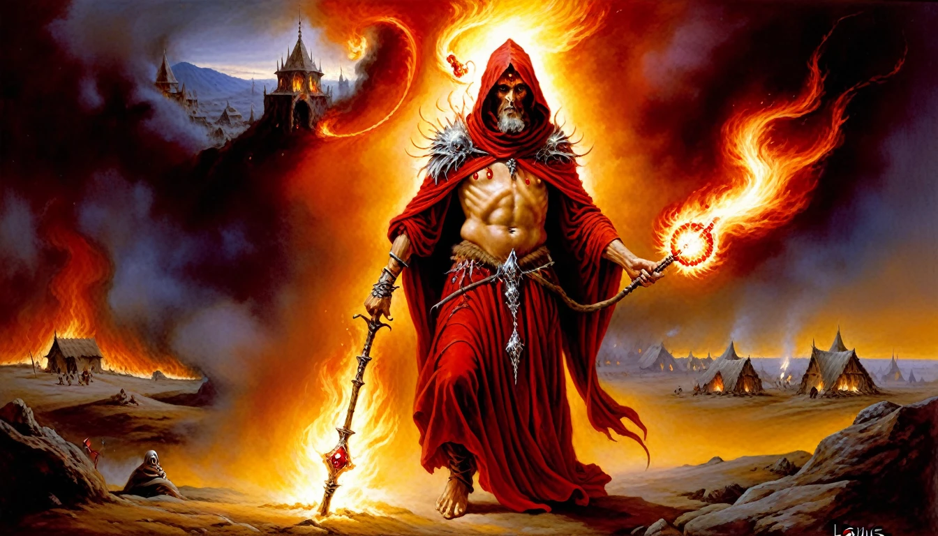 Highly detailed, UHD, 32k, medieval fantasy, oil on canvas painting, luis royo. An evil cowled wizard clad in red and yellow, holding a magical fire staff with a red crystal, casting fire orbs at a village, with villagers in running amidst the fires