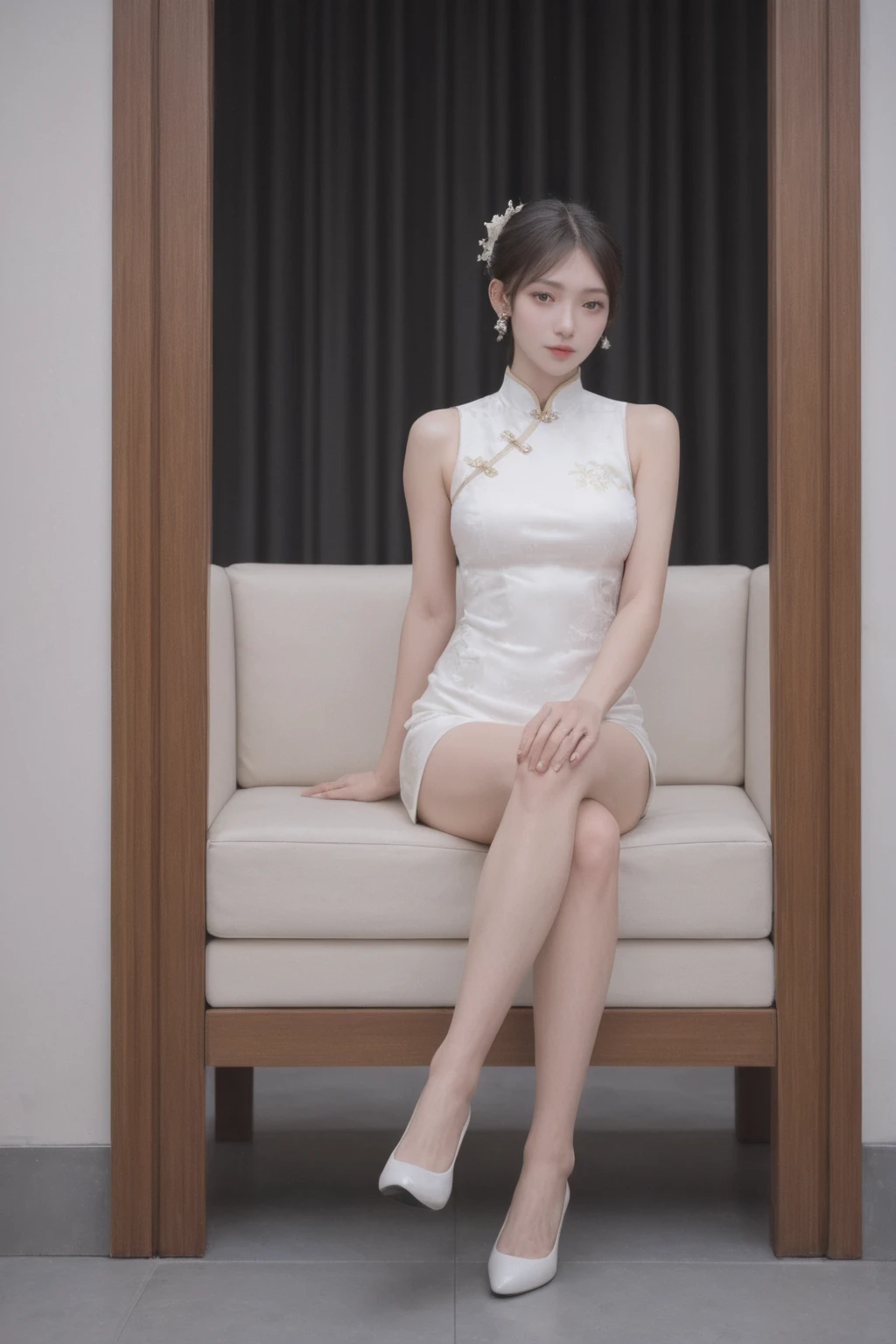 realistic,score_9, score_8_up, score_7_up, japanese adult woman,full body photography, elegant white sleeveless cheongsam dress, sitting, crossed legs, high heels