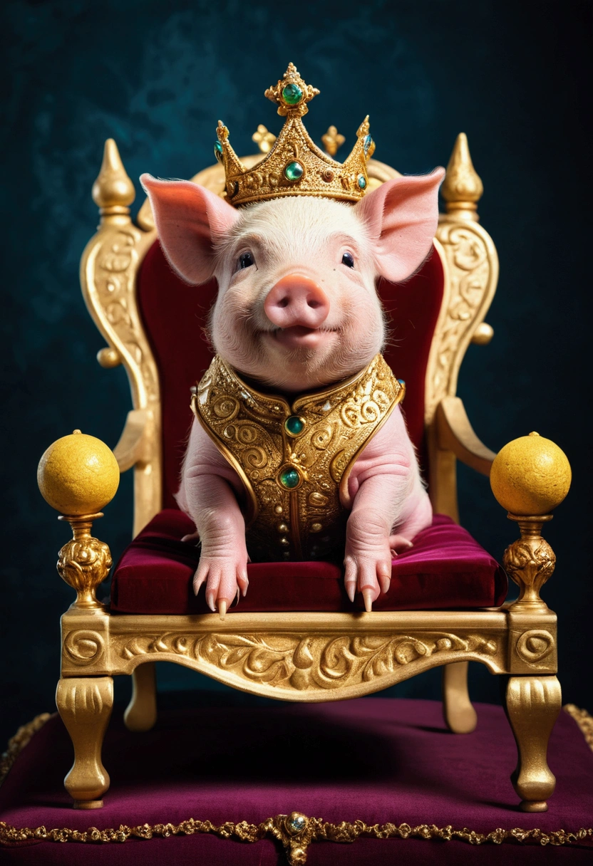 (a piglet on a throne,adorable,)average:oil painting, (gold leaf:1.1 ancient crown), segurando featuring cuidado (a magnificent orb),(studded scepter),featuring (innocent,adorable eyes) gazing directly at the viewer, (happy pig king, pig tsar). The piglet's throne is luxurious, featuring intricate carvings and velvet cushions. The background is rich featuring (swirly vibrant colors,Vivid details) to create a (aristocratic,atmosfera real). Lighting is (soft, warm up) featuring a spotlight shining on the piglet, illuminating your (enchanting,countenance).