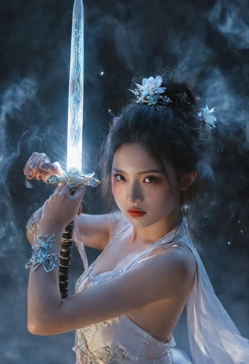 Female swordsman topless photography，Atomic Correct,Raw, Lenses, (Clear focus:1.5), (Reality:1.4), Dusk lighting, Volumetric Lighting, Ultra-high resolution, 16K,Dramatic Lighting, White background：1.5），Glowing sword,(fighting stance),Hold the sword hilt tightly in your hand，1 sword，Solitary，（Zentangle，Mandala，Tangles，Entanglement：0.7） , Depth of Field, Dreamy atmosphere, The most beautiful form of chaos, grace, Brutalist design dark theme, Flower of Death, Flowers of ecstasy，glowing line,Glow Example，Tracking example，flash， Backlight，translucent，Light Particles，exit，xianxia