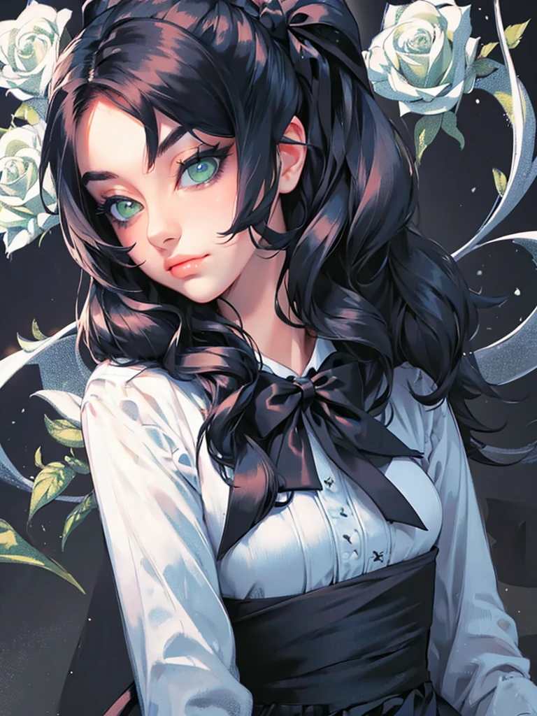 ((masterpiece, best quality)),best aesthetic,1girl, solo, long hair, black dress, flower, ribbon, black background, black hair, rose, hair ribbon, green eyes, long sleeves, white rose, closed mouth, black ribbon, upper body, cinematic lighting