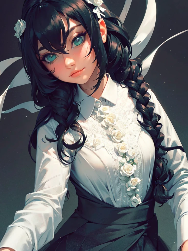 ((masterpiece, best quality)),best aesthetic,1girl, solo, long hair, black dress, flower, ribbon, black background, black hair, rose, hair ribbon, green eyes, long sleeves, white rose, closed mouth, black ribbon, upper body, cinematic lighting