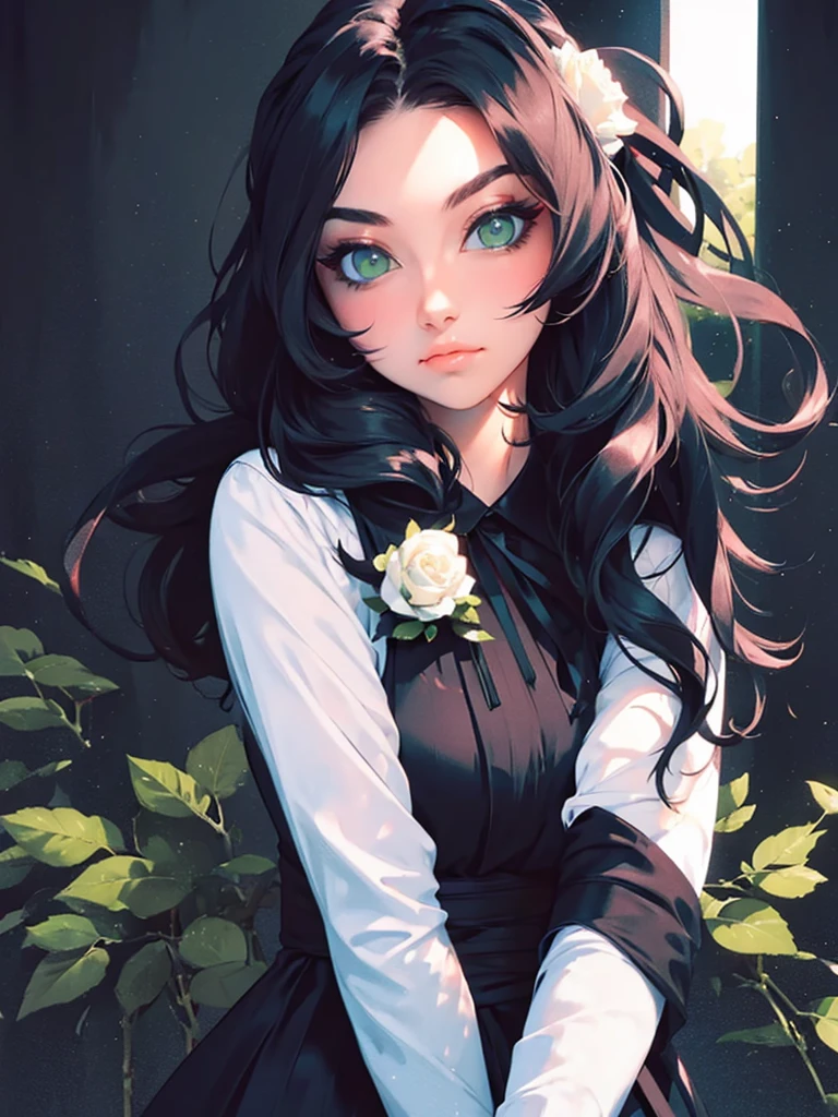 ((masterpiece, best quality)),best aesthetic,1girl, solo, long hair, black dress, flower, ribbon, black background, black hair, rose, hair ribbon, green eyes, long sleeves, white rose, closed mouth, black ribbon, upper body, cinematic lighting