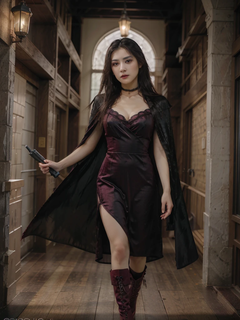 A captivating vampire girl stands tall, her piercing gaze commanding attention. Clutching a sleek pistol with unwavering confidence, she embodies a striking balance of elegance and lethality.
The poster's background features a moody, atmospheric setting - perhaps a dimly lit alleyway or the interior of a gothic manor. Shadows and highlights play across her porcelain skin, accentuating her otherworldly beauty and the danger that lurks within.
The vampire girl's pose should convey a sense of poise and control. She might be positioned in a three-quarter or side profile, her body angled to showcase the weapon's smooth lines and her own graceful form. Her expression should be intense yet alluring, hinting at the predatory nature hidden beneath the surface.
Complementary typography and design elements could include bold, stylized text highlighting the vampire girl's name or a tagline that captures the essence of the poster's theme, such as "Deadly Beauty" or "Crimson Vengeance." A color palette of deep reds, blacks, and grays would enhance the gothic, supernatural atmosphere.
Overall, the goal is to create a visually striking, captivating poster that showcases the vampire girl's power, elegance, and the underlying danger she represents. The combination of her commanding presence, the expertly handled firearm, and the moody, atmospheric setting should leave a lasting impression on the viewer..
A form-fitting, floor-length dress or gown in a deep, rich color like crimson, burgundy, or midnight black. The dress may feature intricate lace, velvet, or embroidered details to enhance the gothic, romantic aesthetic.
Accessories such as a high-collared choker, dangling earrings, or a dramatic cape or shawl that adds a sense of mystery and drama to the overall look.
Sleek, knee-high boots or heeled shoes that give the vampire girl a commanding, statuesque appearance.
Subtle, yet striking makeup that accentuates her porcelain skin, full lips, and piercing gaze - perhaps with a bold,