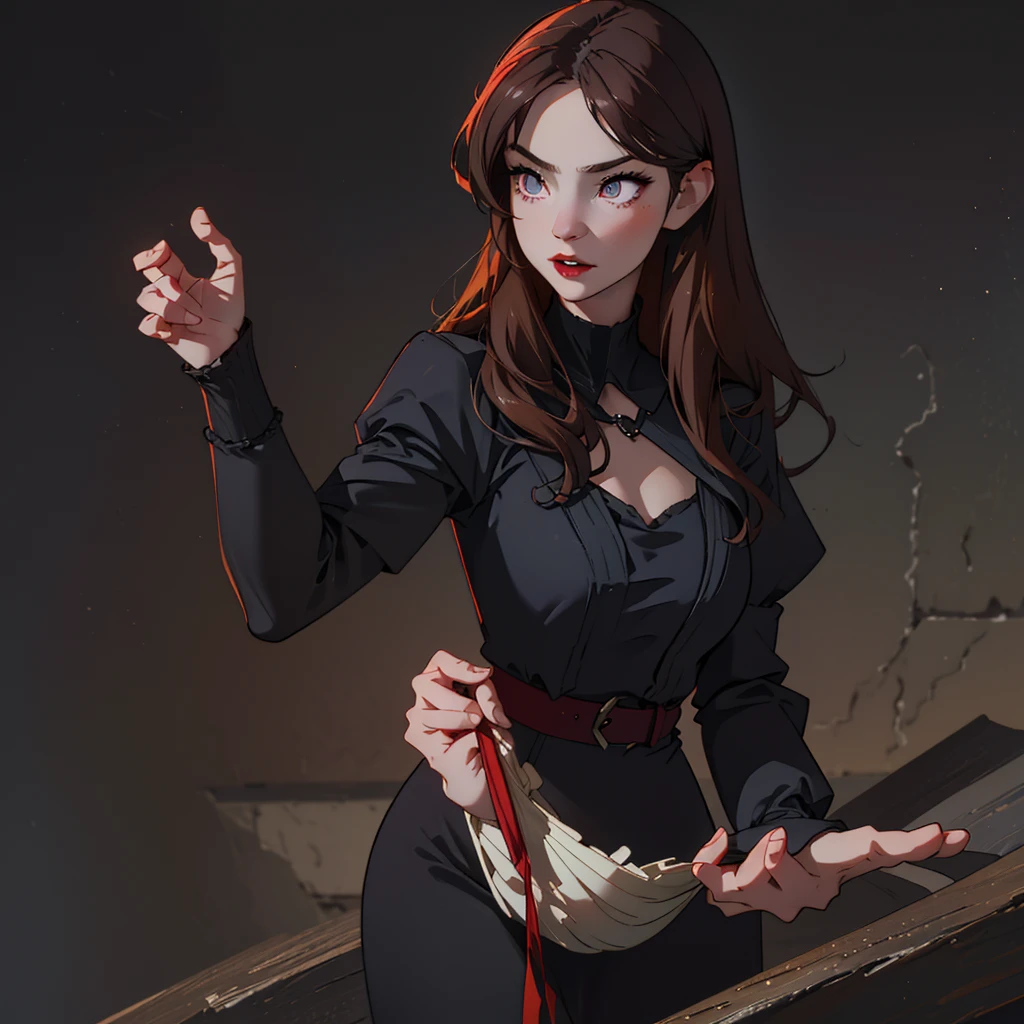 a young woman with pale skin, reddish eyes, thin almond-shaped eyes, light makeup, egyptian eyeliner, firm posture, tight long black dress with large sleeves covering hands, queen anne neckline, straight very long hair cascading down, sharp canines, red lips, roguish smile, serious expression, in a vampire mansion,(best quality,4k,8k,highres,masterpiece:1.2),ultra-detailed,(realistic,photorealistic,photo-realistic:1.37),dark fantasy,gothic,dramatic lighting,dramatic shadows,chiaroscuro,moody atmosphere,dramatic pose