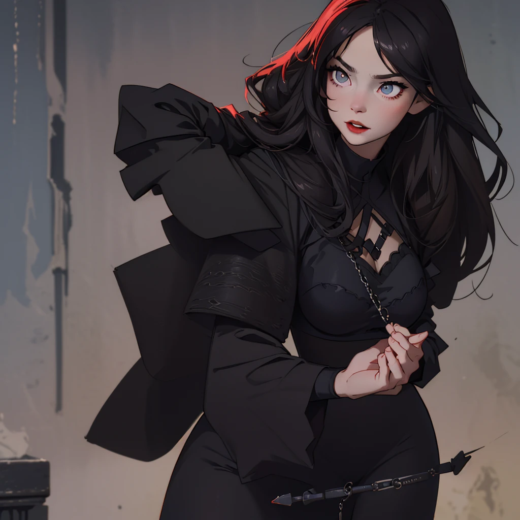 a young woman with pale skin, reddish eyes, thin almond-shaped eyes, light makeup, egyptian eyeliner, firm posture, tight long black dress with large sleeves covering hands, queen anne neckline, straight very long hair cascading down, sharp canines, red lips, roguish smile, serious expression, in a vampire mansion,(best quality,4k,8k,highres,masterpiece:1.2),ultra-detailed,(realistic,photorealistic,photo-realistic:1.37),dark fantasy,gothic,dramatic lighting,dramatic shadows,chiaroscuro,moody atmosphere,dramatic pose
