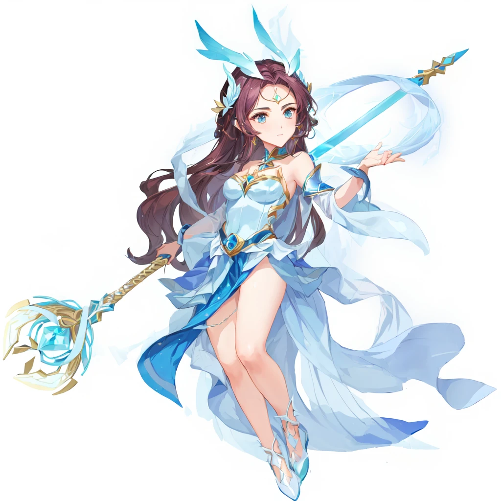 A man holding a sword、Cartoon image of a woman in a blue dress, Beautiful celestial magician, Zodiac Knight Girl, Maya Ali as the Wind Mage, portrait Zodiac Knight Girl, Epic Mage Girl Character, Ice Witch, Anime Goddess, Full body fairy, Duelist Style, Moon Goddess, Beautiful young wind elf, A complete portrait of an elementalist