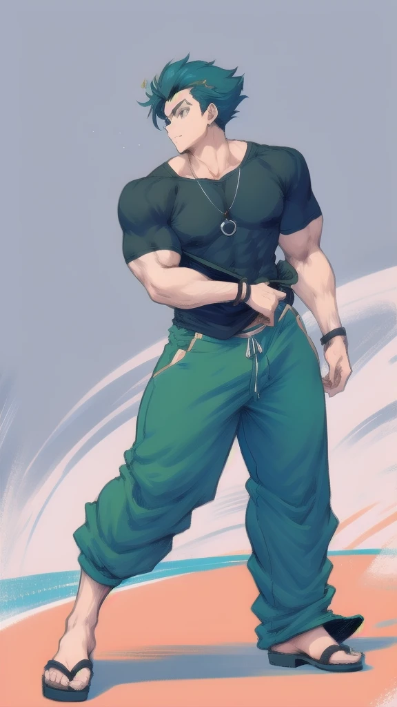 Full body in image, masculine pose, unique hair, casual black t-shirt, white harem pants, slender male body, short hair, hot body, sexy male body, dynamic pose, detailed pose, simple background, expressive face, focus on face, line art, sketch, tall anime guy, anime pose, full body portrait, male anime character, full body character portrait, single character full body