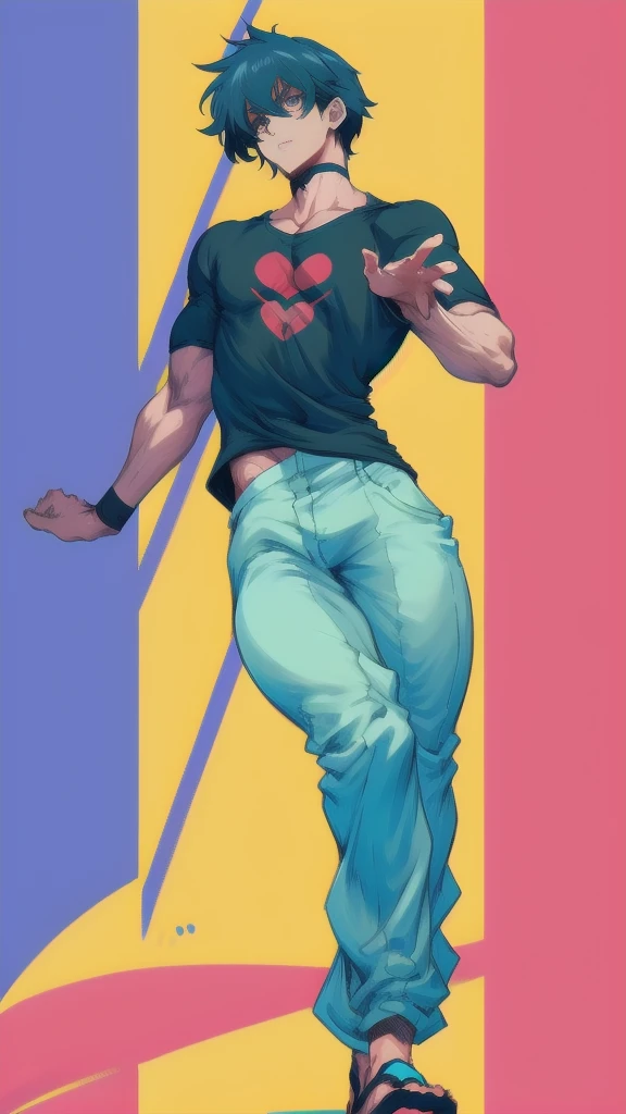 Full body in image, masculine pose, unique hair, casual black t-shirt, white harem pants, slender male body, short hair, hot body, sexy male body, dynamic pose, detailed pose, simple background, expressive face, focus on face, line art, sketch, tall anime guy, anime pose, full body portrait, male anime character, full body character portrait, single character full body