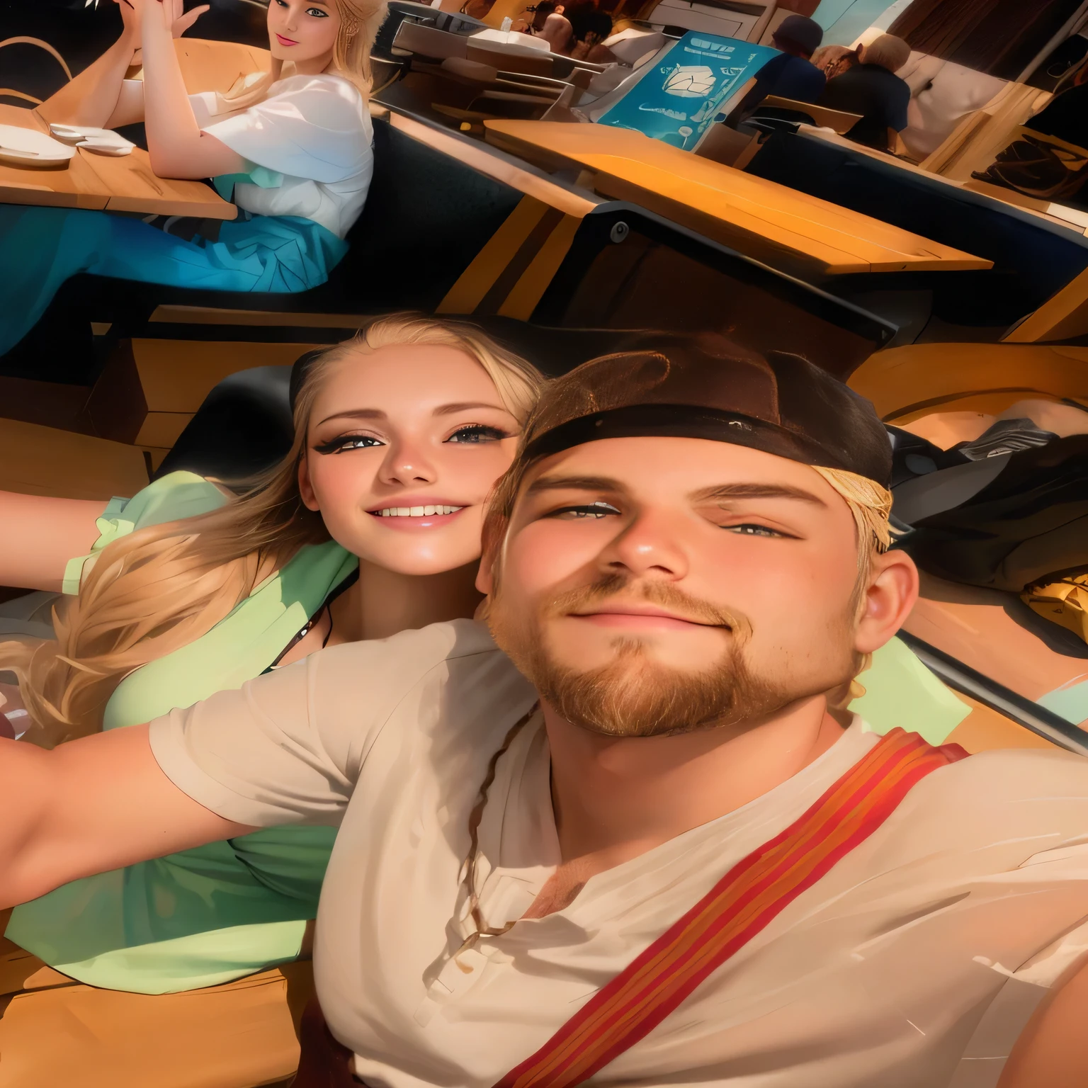 Young fair-skinned woman couple, blonde hair and brown eyes, light-skinned man with brown hair and light beard