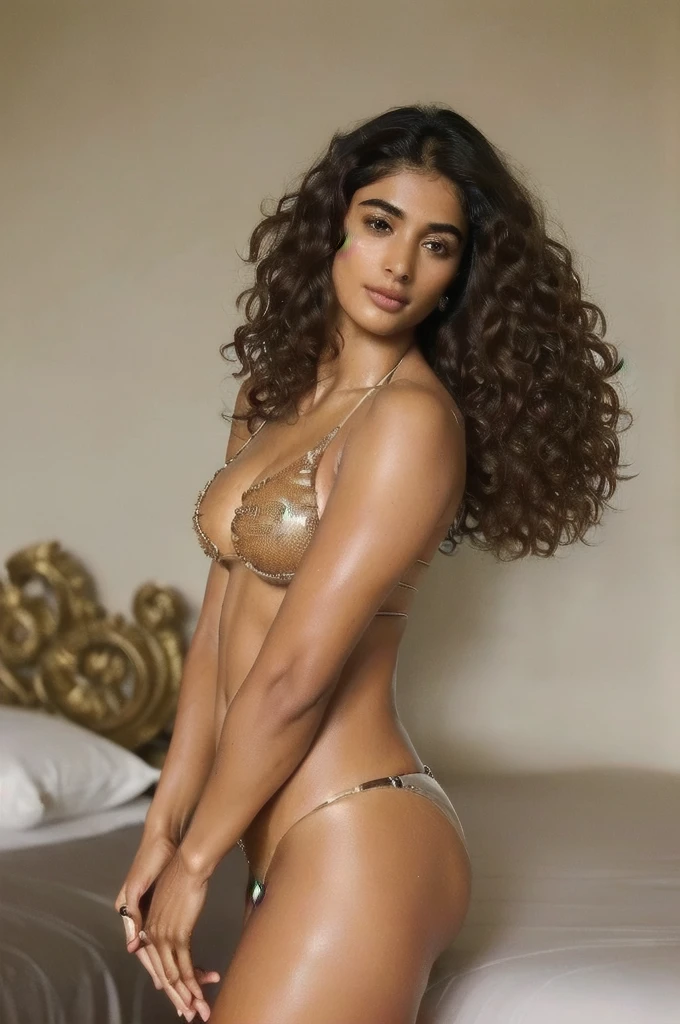 No make up,close up photo of semi naked Pooja hegde,(( erotic sexy pose, transparent  bikini, curly hair )),hotel bedroom, curly hair , shiny skin , fit figure , tall, fleshy, lean eyebrow, pooja hegde,pooja1, detailed background, ((insanely detailed skin texture , depth of field, correct anatomy ,correct fingers, ultra photorealistic   ))