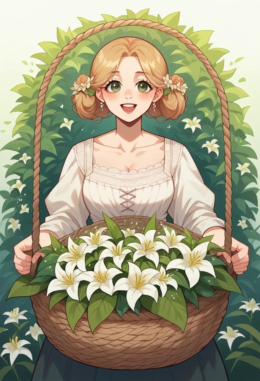 "Create an image of a wicker flower basket filled with various fresh flowers. The basket should be medium-sized and contain roses of different shades, lilies, peonies, daisies, and orchids. The flowers should be bright and fresh, arranged to give the impression of a natural and harmonious bouquet. The background of the image should be light and neutral, emphasizing the flowers. The basket is adorned with ribbons and decorative greenery."