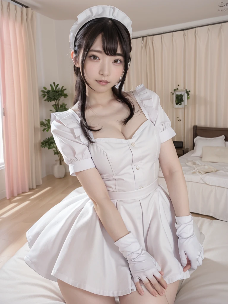 (Highest quality:1.9)、(High resolution)、Live-action image quality、((20-year-old woman、1 person))、Soft lighting by a professional photographer、Natural light、((Very spacious white luxurious room:1.6))、((Bright white room:1.6))、(Standing in front of a very luxurious white bed:1.2)、(White bookshelf background:1.1)、Natural soft light、((Black Hair Color:1.1))、Fair skin、Detailed Eyes、double eyelid、Slightly puffy cheeks、((Small Face:1.0))、(pink&white maid_cosplay:1.5), (breasts, puffy short sleeves, puffy sleeves, short sleeves, maid headdress, chain, frills, white gloves, cowboy shot, large breasts, pointy hair, gloves,gothic, gothic maid)、(Cute Smile)、((Girly pose 1.8))、((Long curly hair:1.1))、((Full Body Shot:1.2))、((Height: 165cm))、Hands in front、Hold hands between legs、