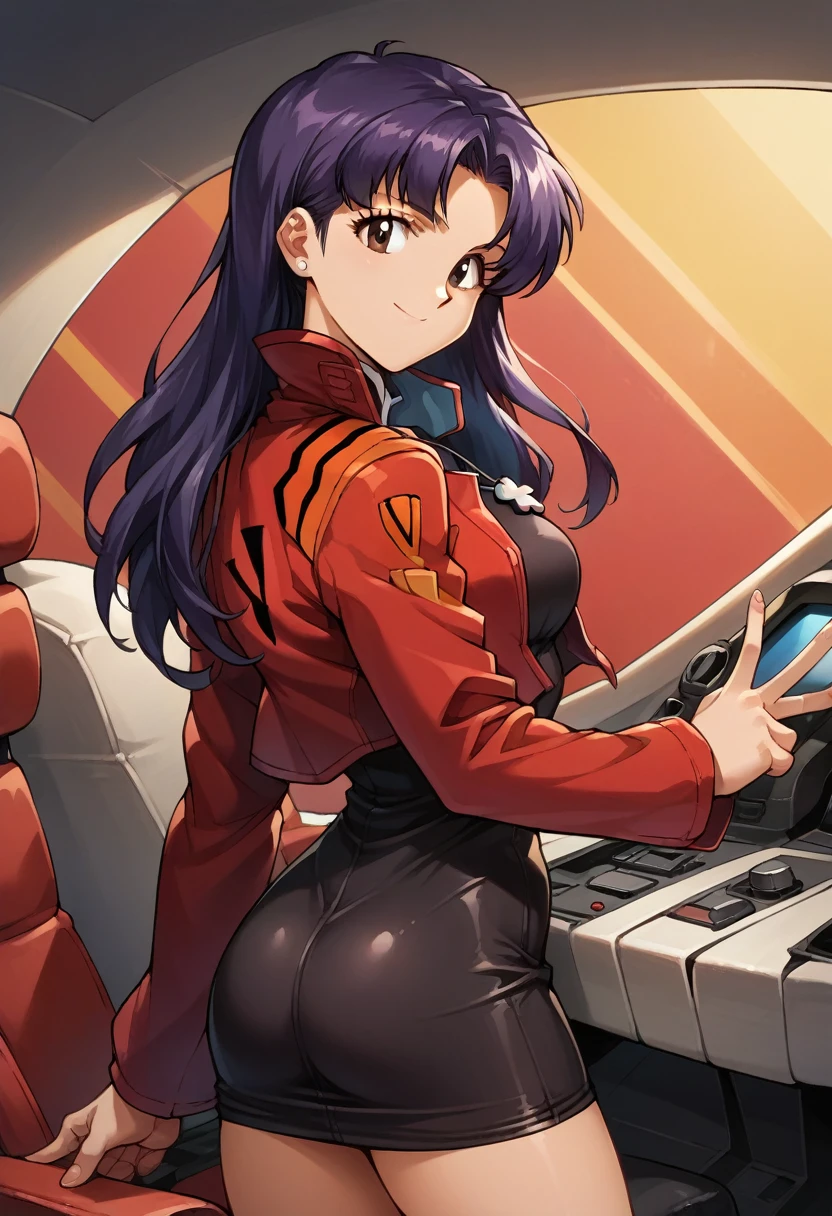 score_7, score_8_up, score_7_up, source_anime, 1girl, rear view of one woman ass, solo, looking at viewer, EPngeKatsuragiMisato, purple hair, brown eyes, long hair, smile, detailed background, cowboy shot, long sleeves, dress, jewelry, medium breasts, jacket, :d, thighs, open clothes, necklace, black dress, open jacket, v, short dress, cross, red jacket, cropped jacket, w, cross necklace, cockpit