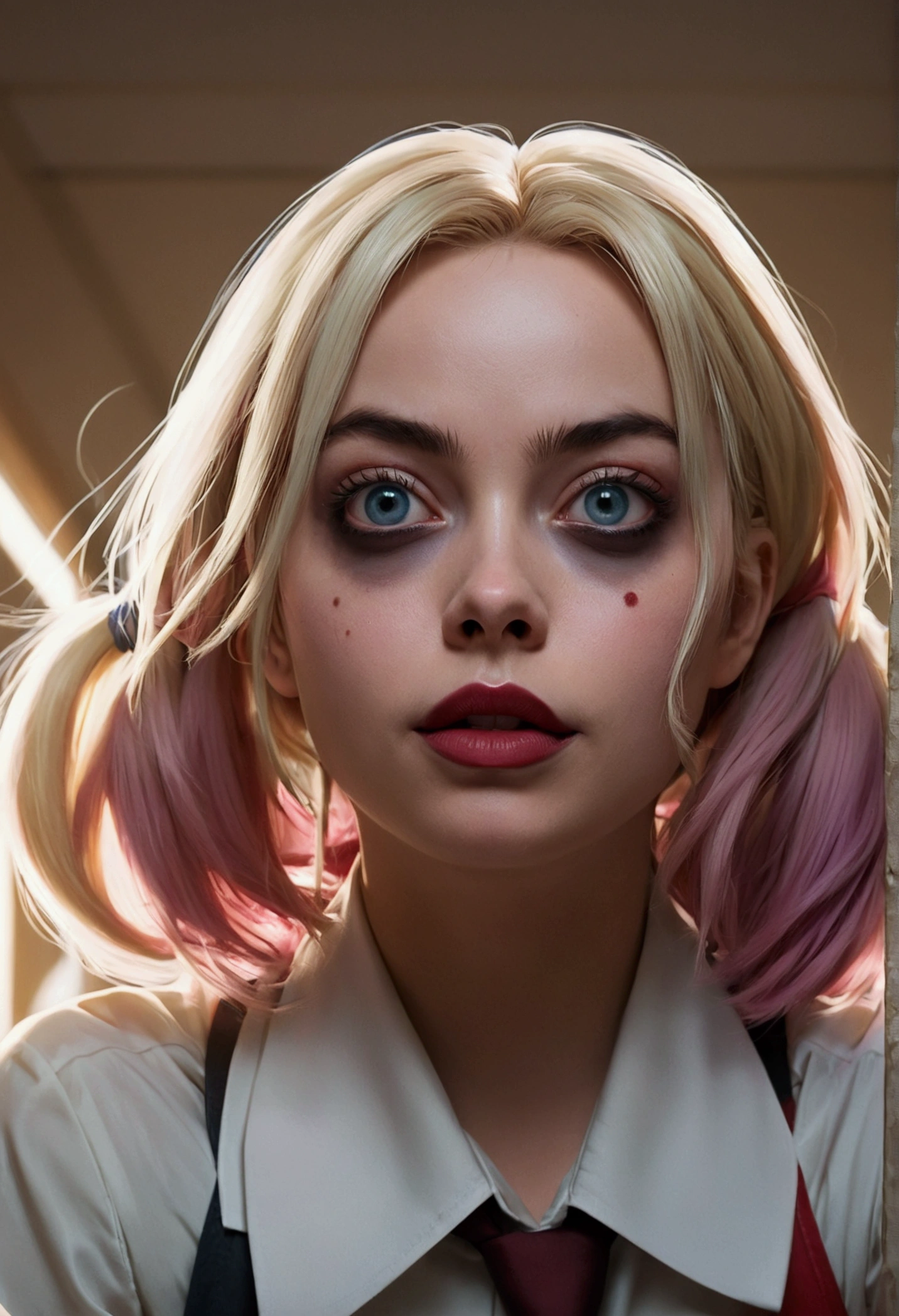 image style levitating suspended in the CEU in the air: low angle shot: the camera is at ease for an angel portrait {MARGOT ROBBIE (Harley Quinn)}, Action { levitating suspended SD1.5 (girl suspended in the CEU in the air }, smooth soft skin, big dreamy eyes, big-ass, swollen vagina, nice hair, all-body, Symmetrical, anime wide eyes , soft lighting, face detailed, Porto Makoto Shinkai, stanley artgerm lau, whoa, rossdraws, conceptual artwork, digitalpainting, looking at the camera