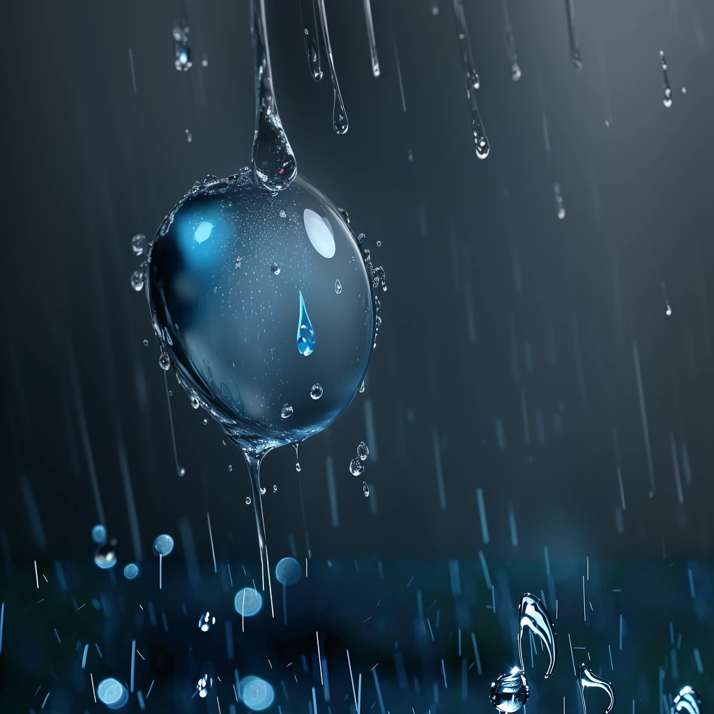 there is a blue water droplet with 水drop on it, rain splashing, rain falling, raining, rainy background, raindrop, rain drop, rain falls, rain. Ultra Detailed, rainfall, pouring rain, falling rain, 水drop, rain, water drop, wet from rain, drop are falling from above, water particles, drop